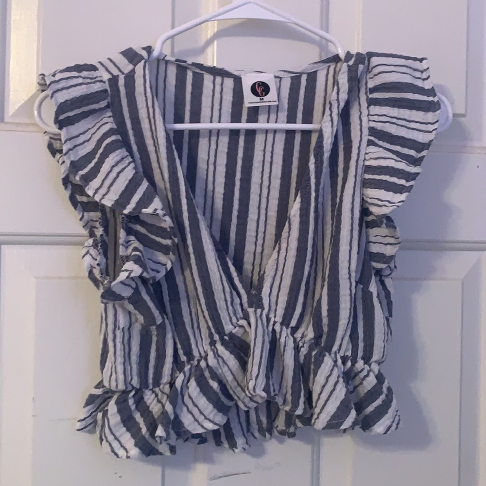 Cropped V-neck blue and white striped top